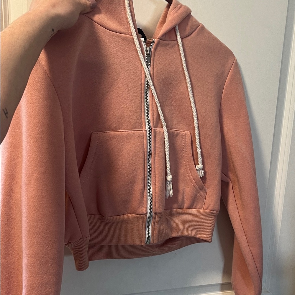 SHEIN Coral Zip-Up Hoodie with White Drawstrings